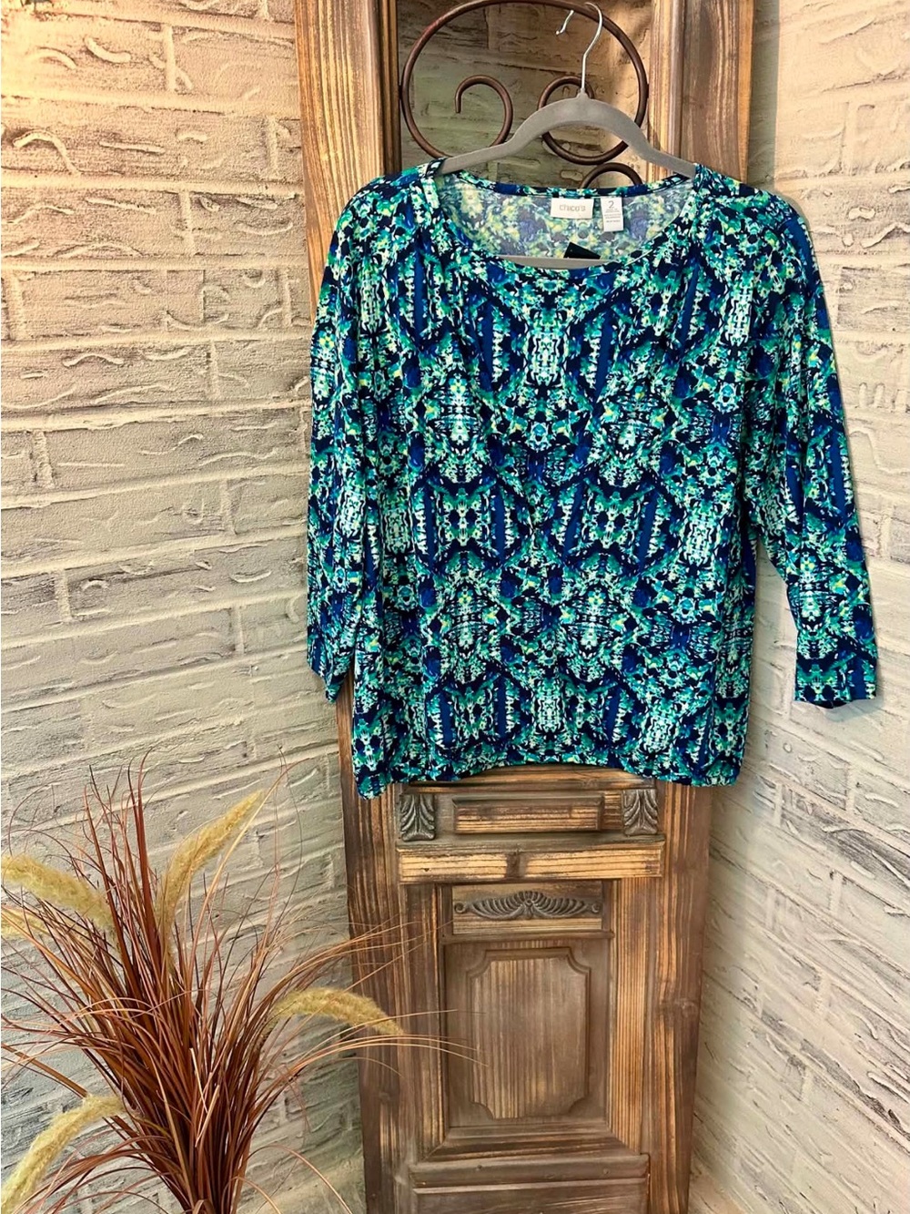 Chico's Blue & Green Printed Scoop Neck Long Sleeve Top